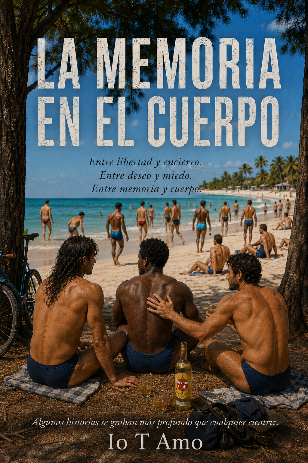 Portada de La memoria en el cuerpo: tres amigos frente al mar en una playa cubana